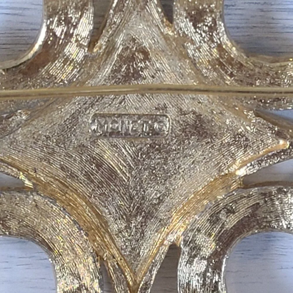 Vintage Signed Monet Brooch Pin Gold Tone Bold Statement Jewelry